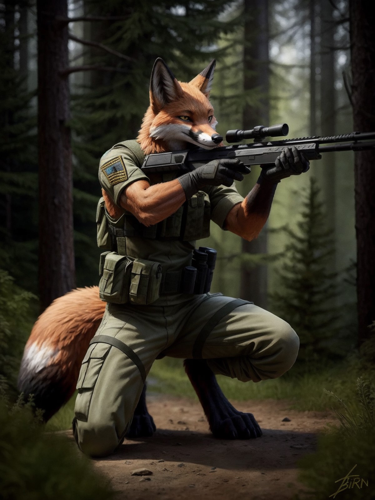 for unreal-engine-5,anthro,male,fox swat with guns,glove,rifle,Battlefield commander,Forest,Kneel on one knee,hide,aiming,...